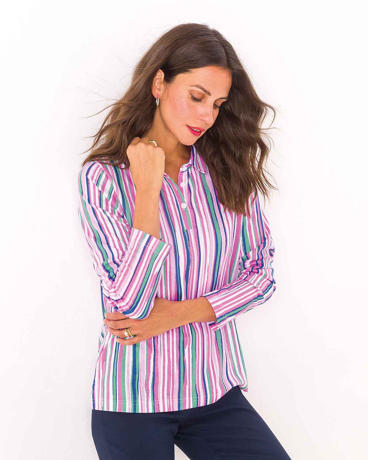 Esme Striped Long Sleeved Cotton Polo Top - The Classic Boutique