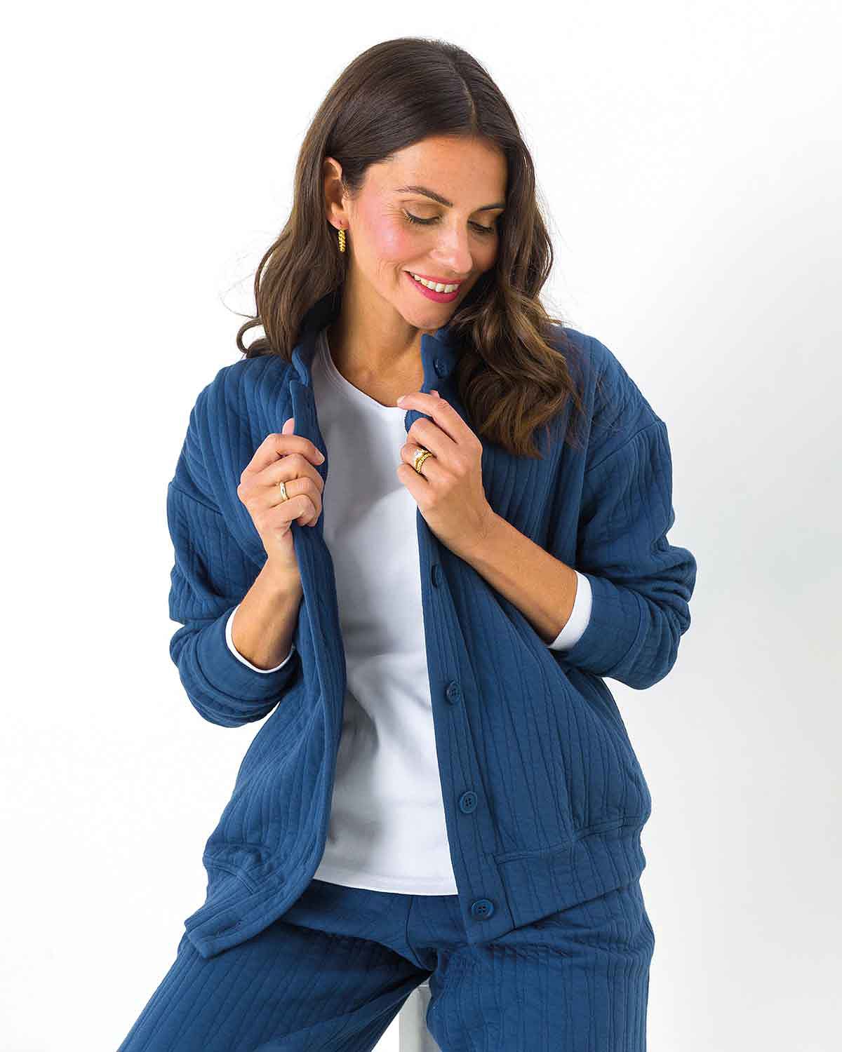 Anika Navy Quilted Leisure Cardigan - The Classic Boutique