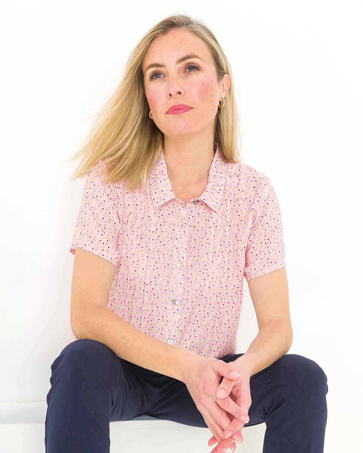 Kaylee Floral Viscose Short Sleeve Pintuck Blouse - James Meade