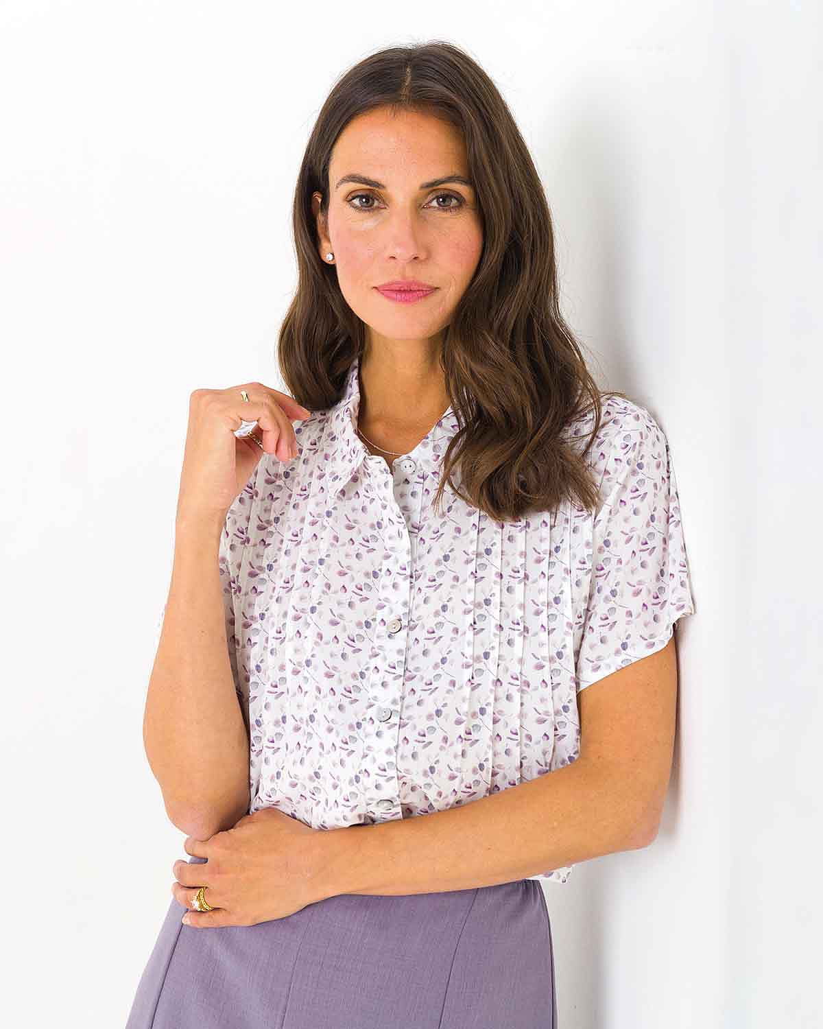 Philippa Floral Viscose Short Sleeve Pintuck Blouse - James Meade