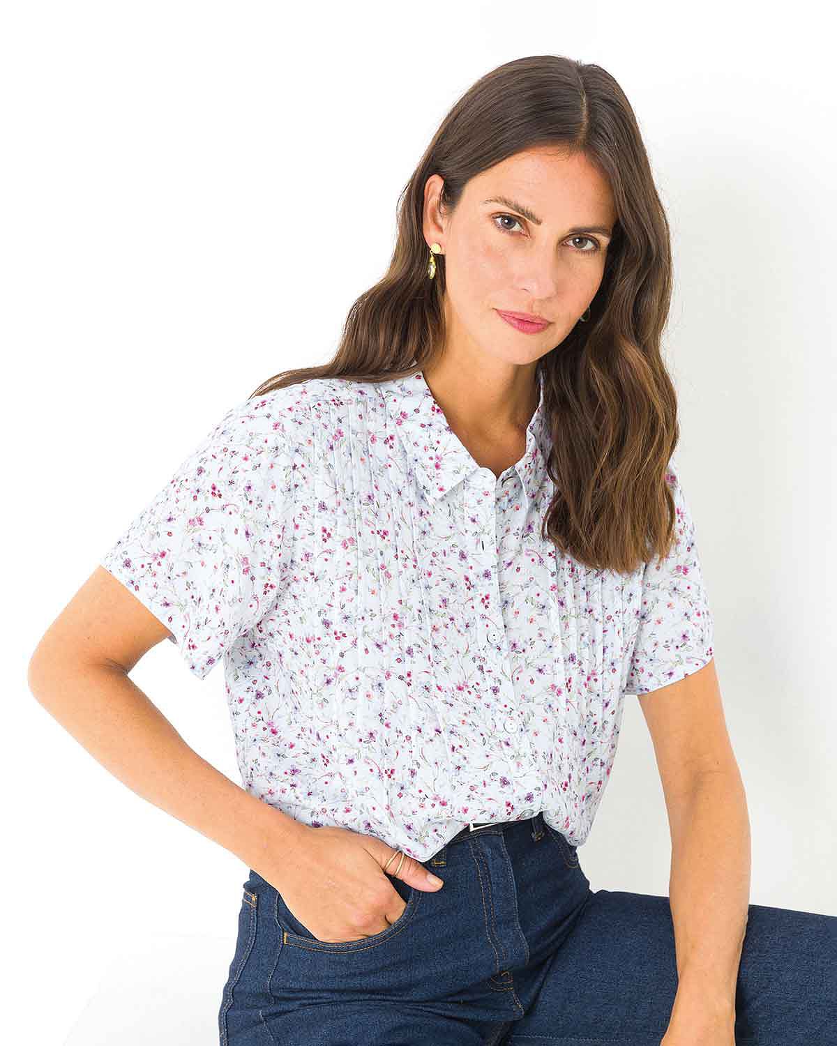 Arlene Floral Viscose Short Sleeve Pintuck Blouse - James Meade