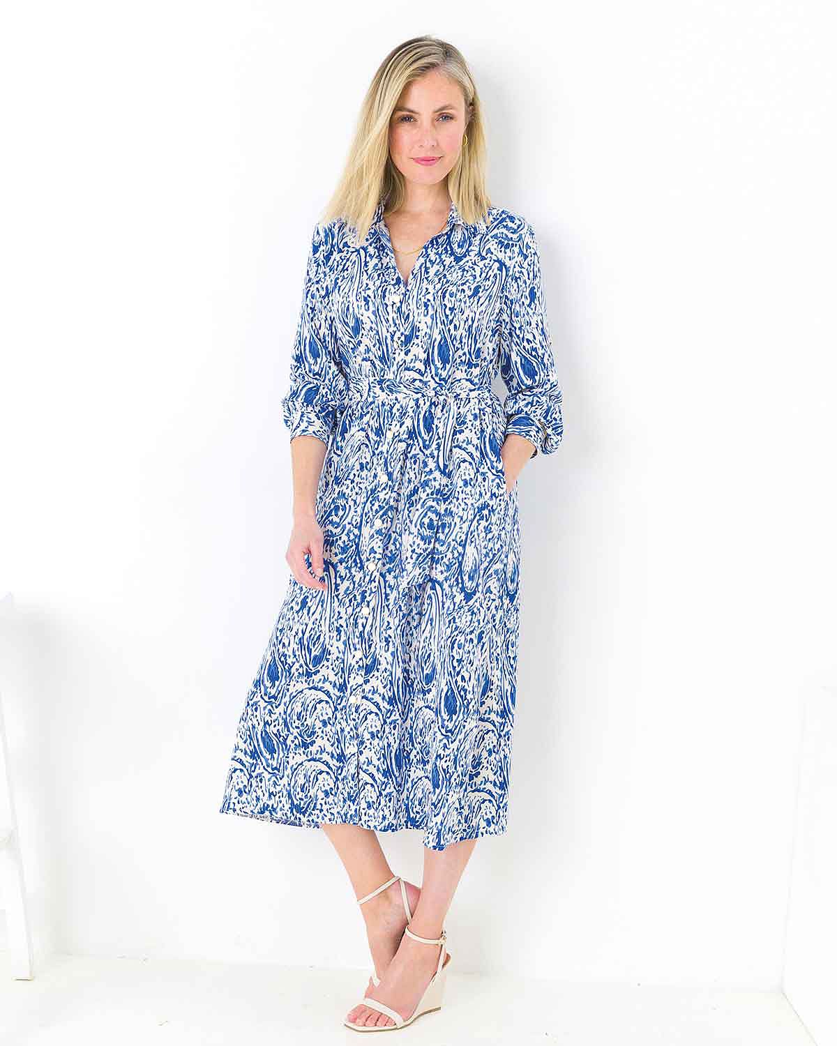 Adelaide Patterned Viscose Roll Sleeve Shirt Dress - The Classic Boutique