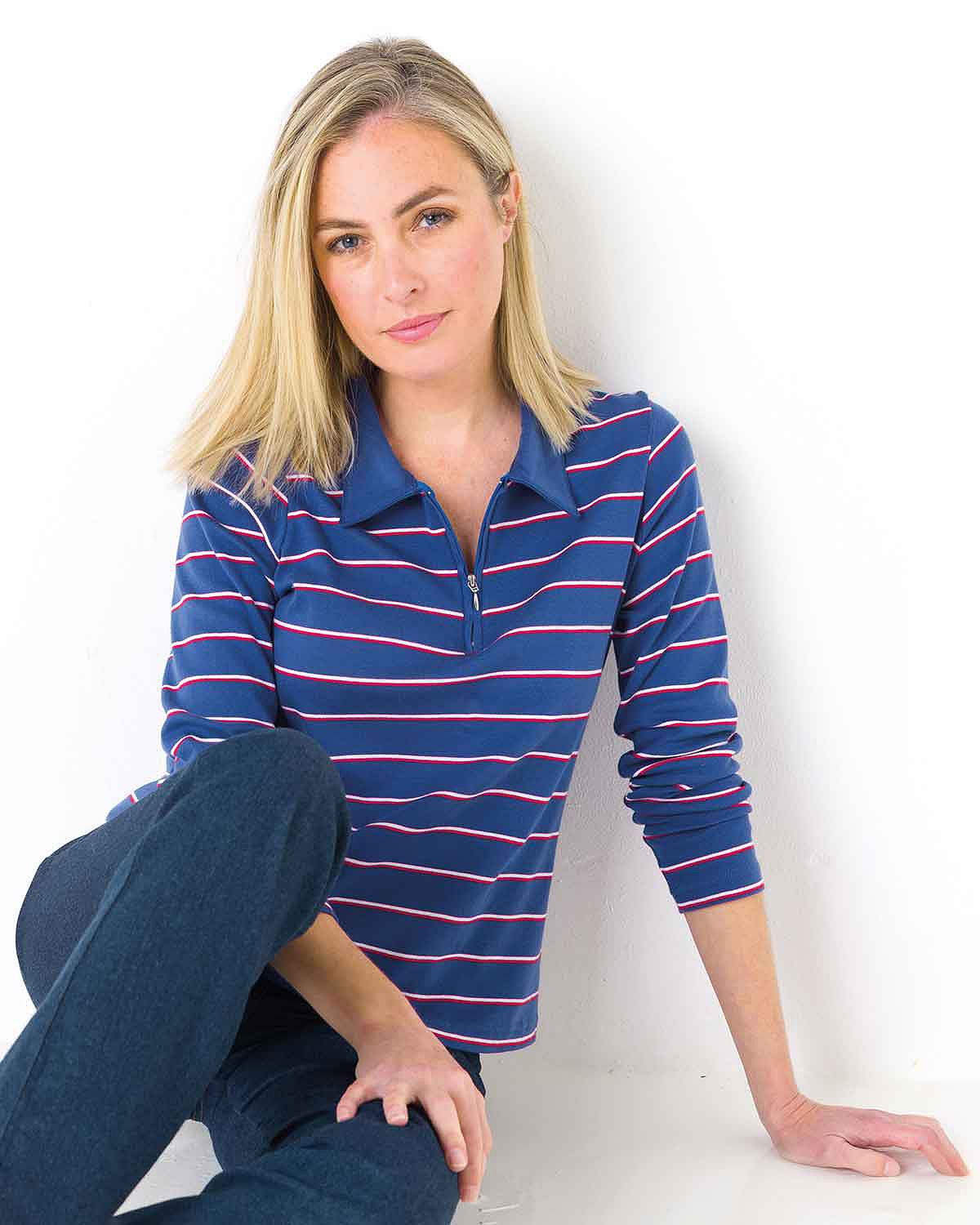 Kendall Striped Long Sleeved Cotton Zip Neck Polo Top - Blue - The Classic Boutique
