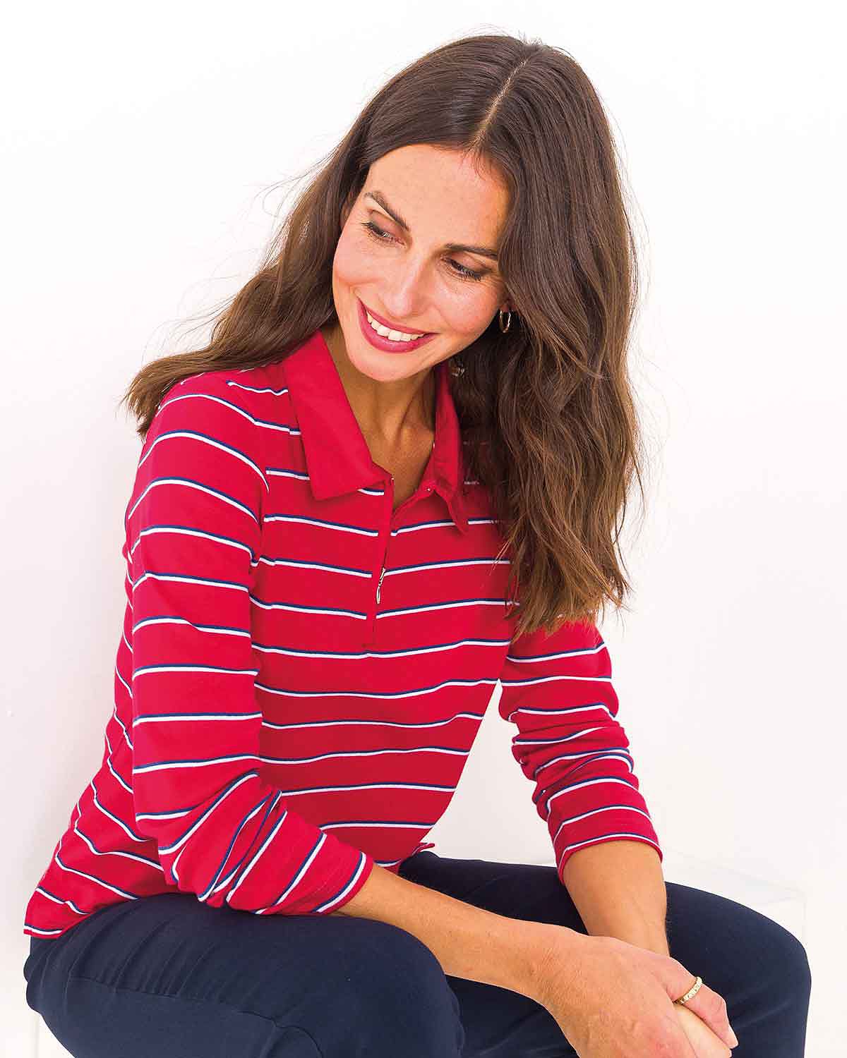 Kendall Striped Long Sleeved Cotton Zip Neck Polo Top - Red - The Classic Boutique