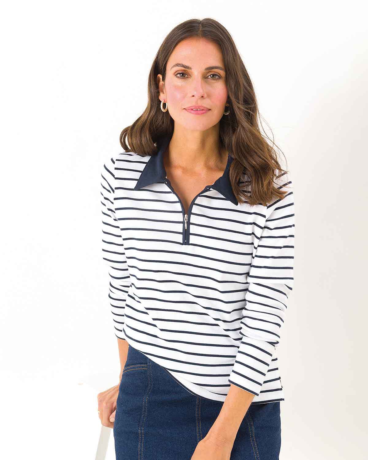 Kendall Striped Long Sleeved Cotton Zip Neck Polo Top - White - The Classic Boutique