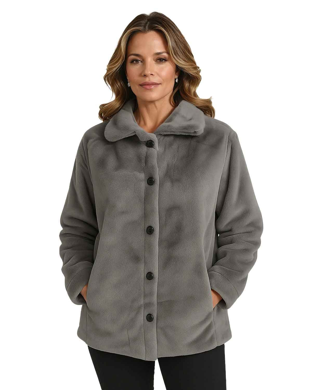 Ladies Fully Lined Faux Fur Jacket - Grey - The Classic Boutique