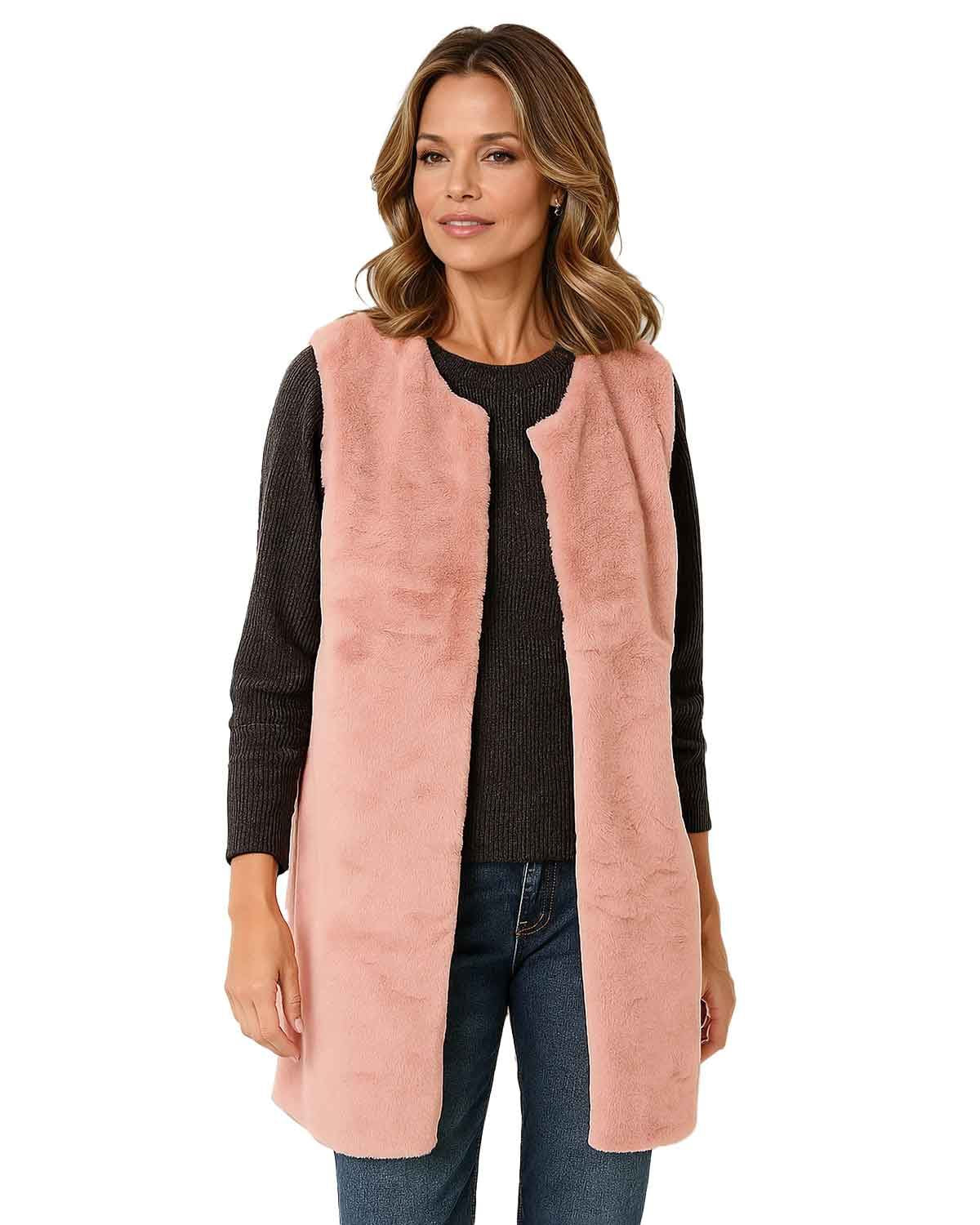 Ladies Fully Lined Faux Fur Gilet - Pink - The Classic Boutique