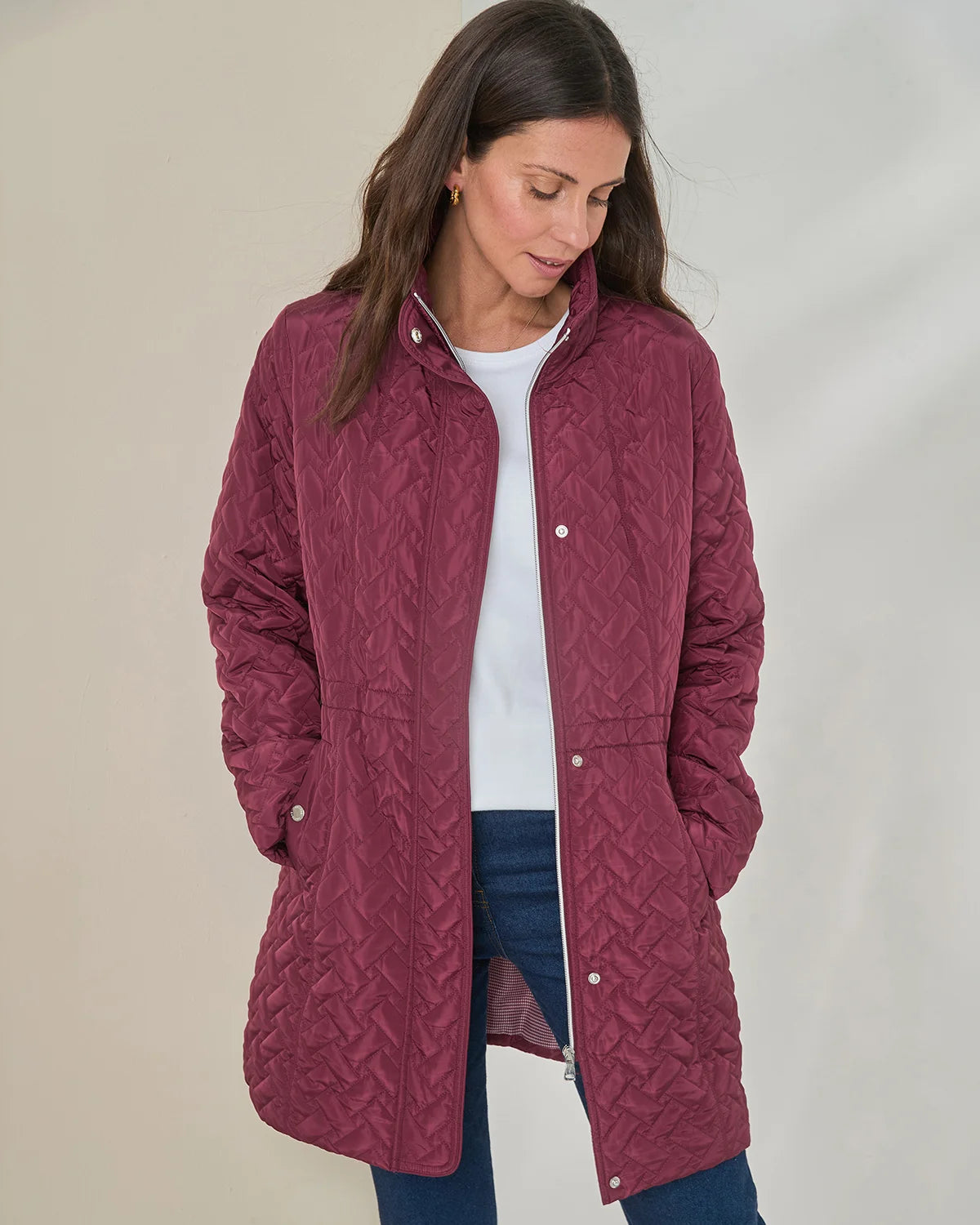 Ursula Quilted Showerproof 3/4 Length Coat - Claret