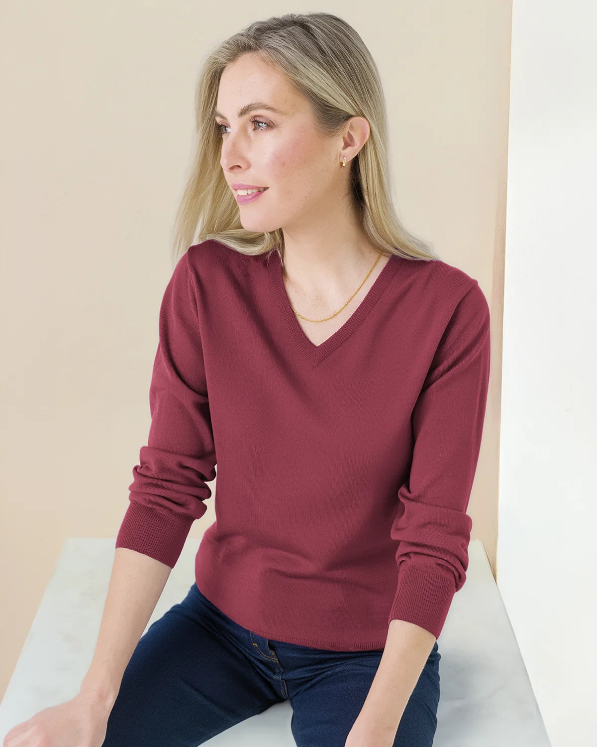 Merino V Neck Sweater Ladies - Rosewood
